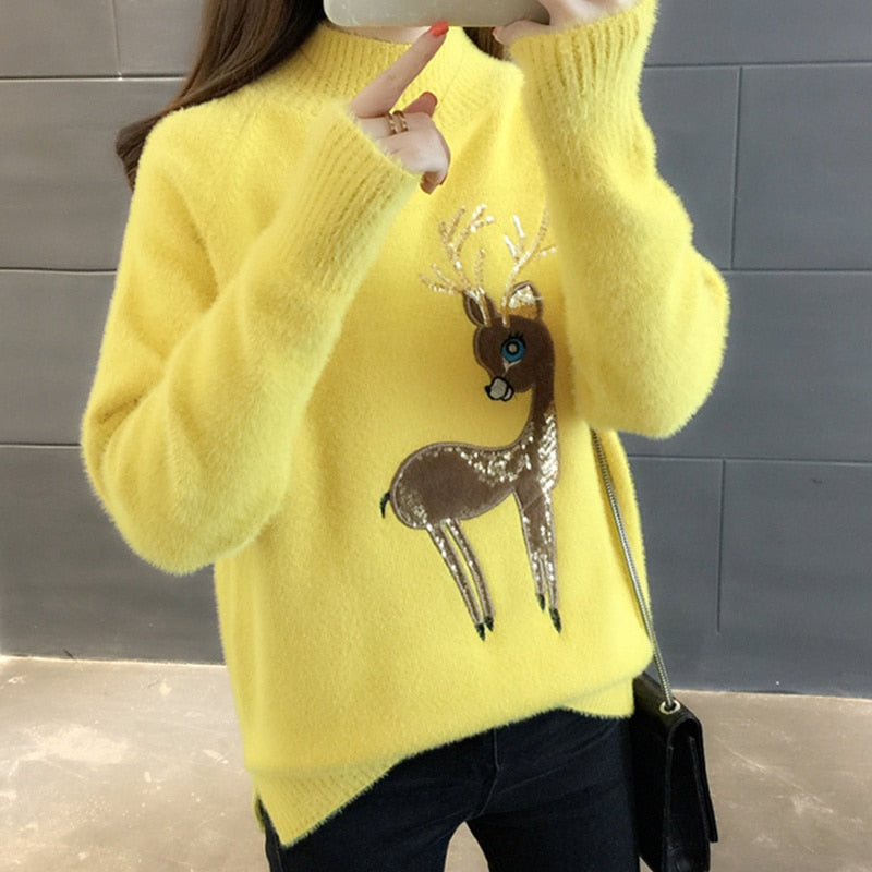 Cute Sweater Korean Reindeer Ugly Christmas Sweater Women Winter Warm Sweaters Fluffy Cashmere Jumper Turtleneck Pullover 2022 - Executive-Skincare