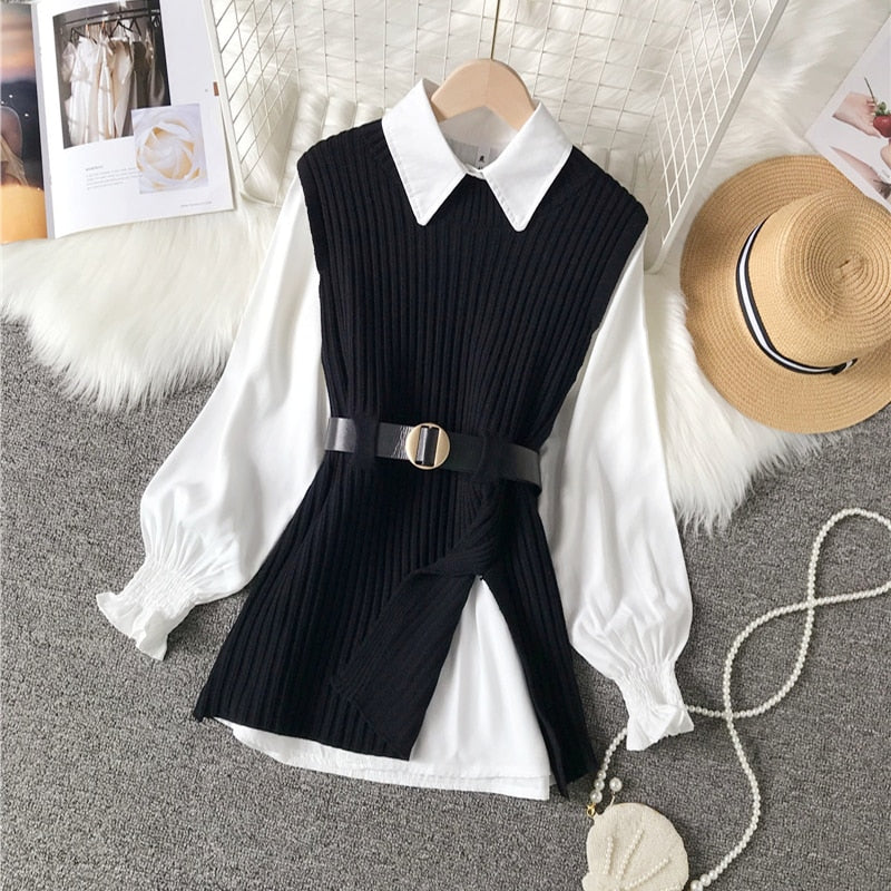 Long lantern sleeve shirt women knitted vest 2 two piece set 2022 spring autumn womens Shirts sets Sleeveless Sweater tops - Executive-Skincare