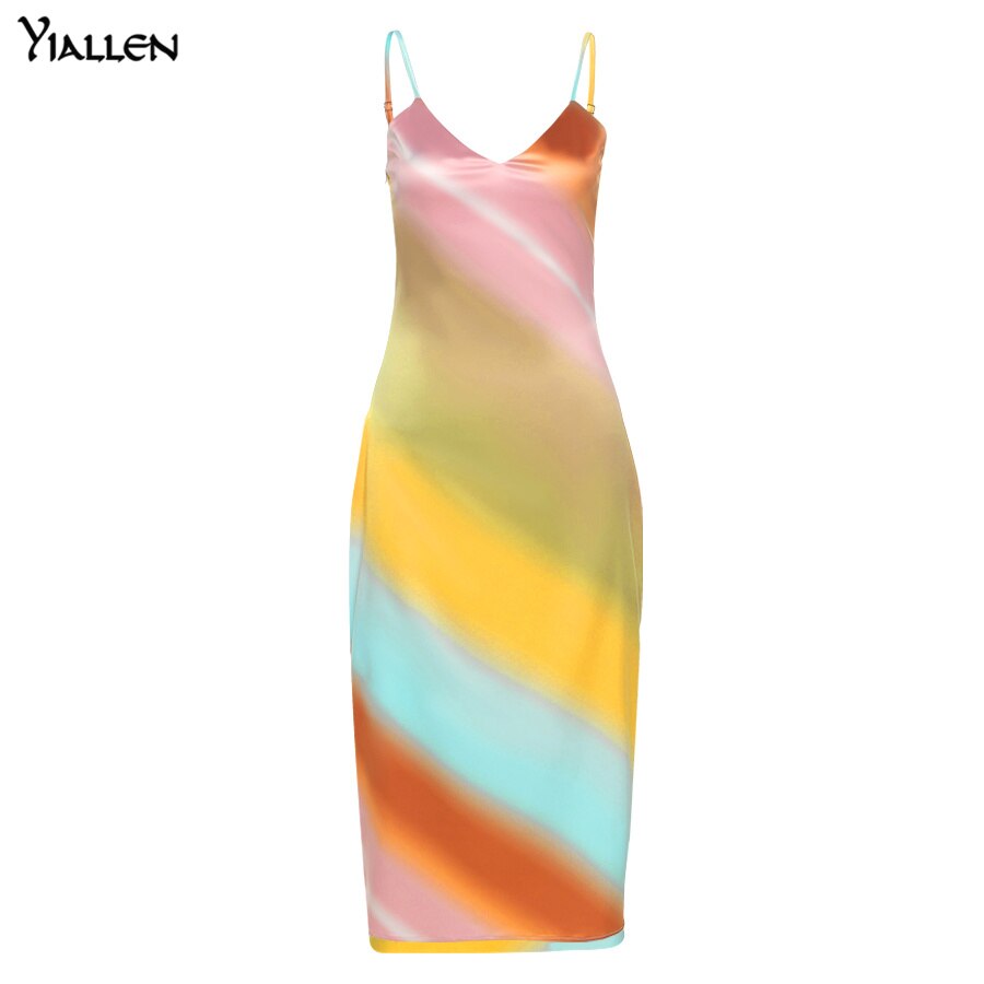 Yiallen New Multicolor Print Midi Dress Women V-Neck Spaghetti Sleeveless Slim Stretch Bodycon Streetwear Party Vacation Dress - Executive-Skincare