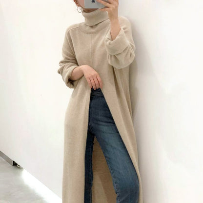 Turtleneck Long fall winter Sweater Dress Side split Female Pullover mujer sueteres - Executive-Skincare