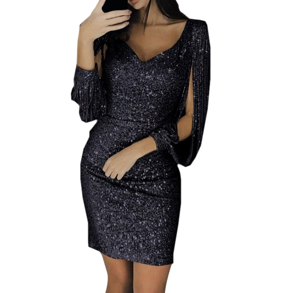 Sexy Women Dress Sequins Glitter Sparkle Deep V Neck Gold Tassel Long Sleeves Short Mini Evening Party Wrap Hip Dress Vestidos - Executive-Skincare