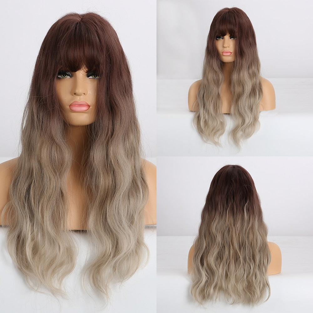 GEMMA Long Wavy Wigs with Bangs Black Brown Ombre Synthetic Heat Resistant Wigs For Women Girls Cosplay Party Daily False Hair - Executive-Skincare