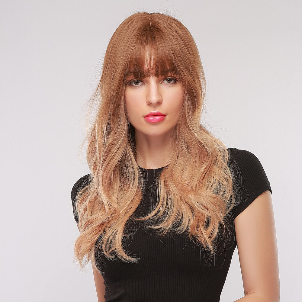 GEMMA Long Wavy Wigs with Bangs Black Brown Ombre Synthetic Heat Resistant Wigs For Women Girls Cosplay Party Daily False Hair - Executive-Skincare