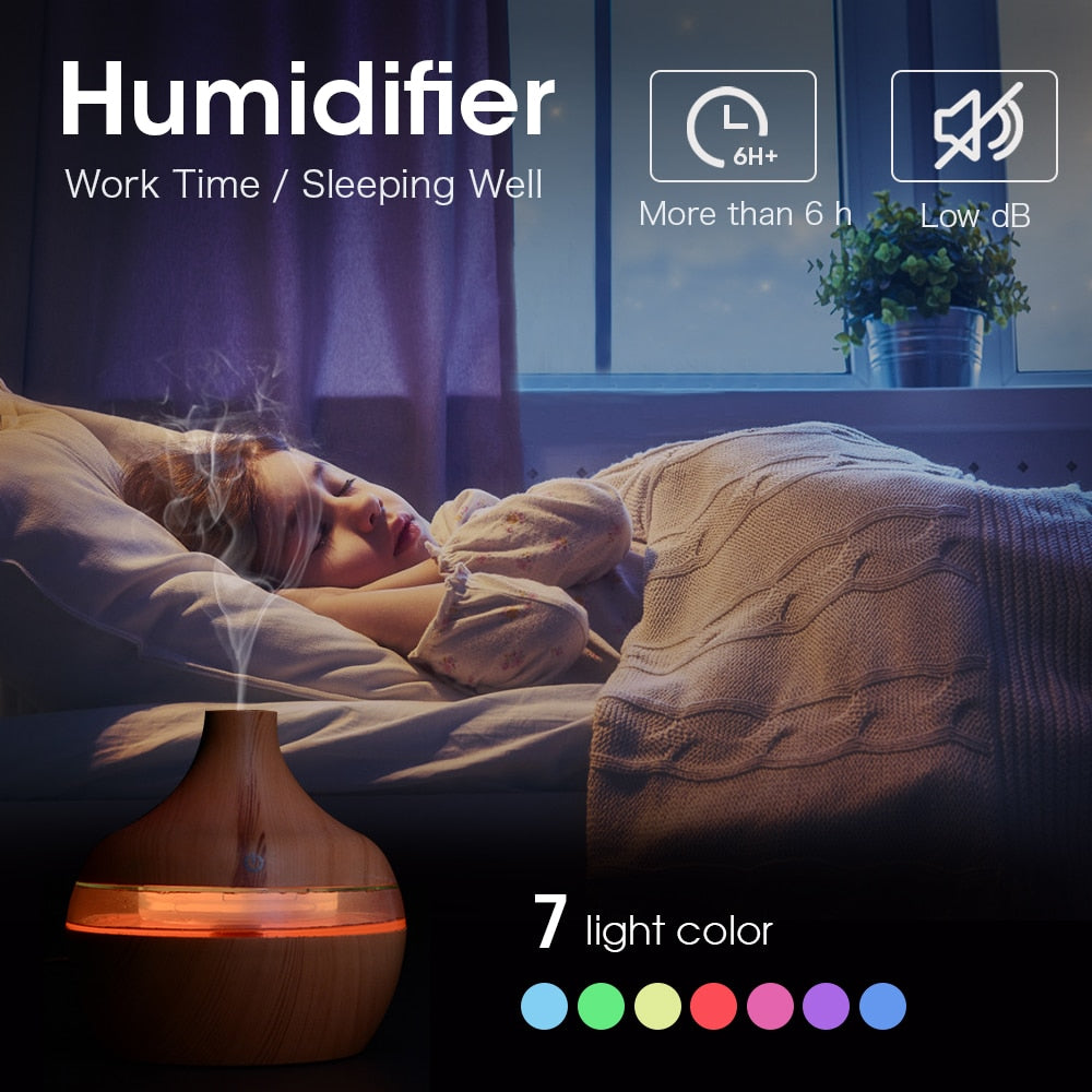 300ML USB Air Humidifier Electric Aroma Diffuser Mist Wood Grain Oil Aromatherapy Mini Have 7 LED Light For Car Home Office - Executive Quality Store