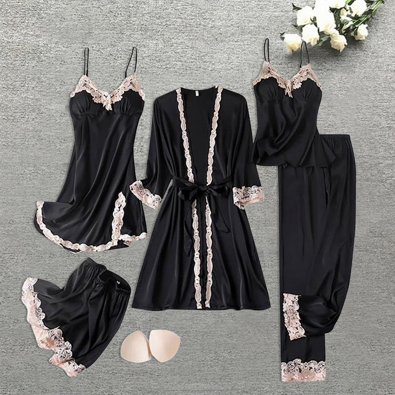 5pcs Silk Robe Set Women Lace Pajamas Gown Set V-Neck Nighties Wear Home Nightwear Pijama Sleepsuit Spring Nightdress