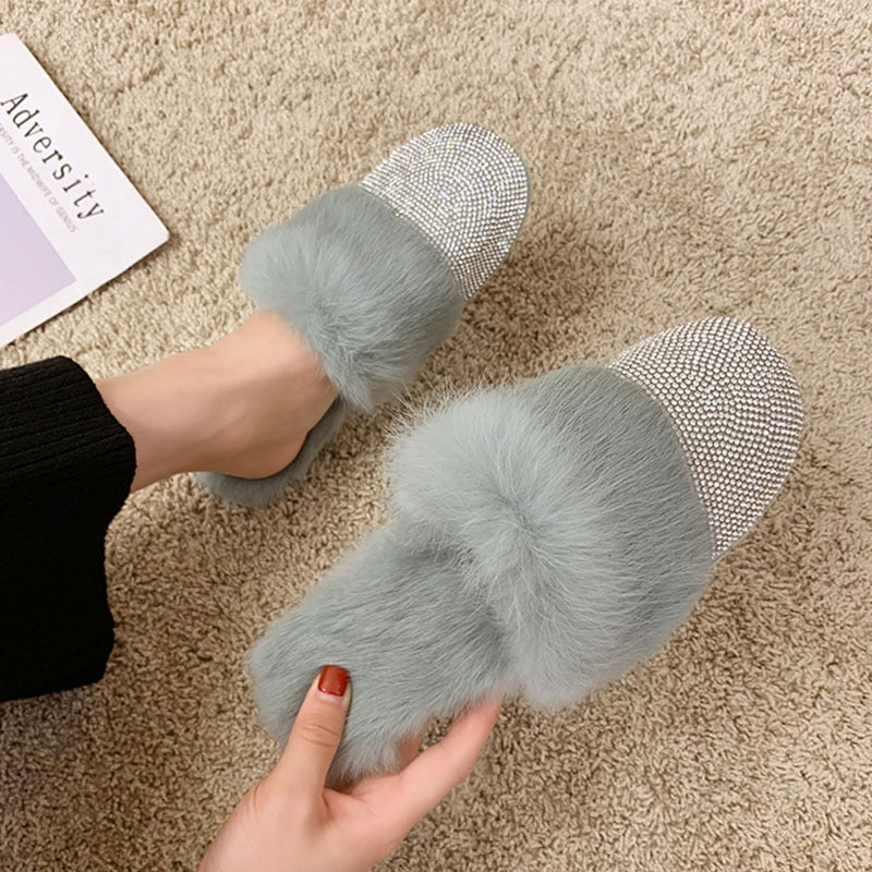 Big Size Slippers Female Ladies Designer Shoes Women Luxury 2023 Rhinestone Fur Crystal Slides Mules Slippers Furry Lady Shoes - Executive-Skincare