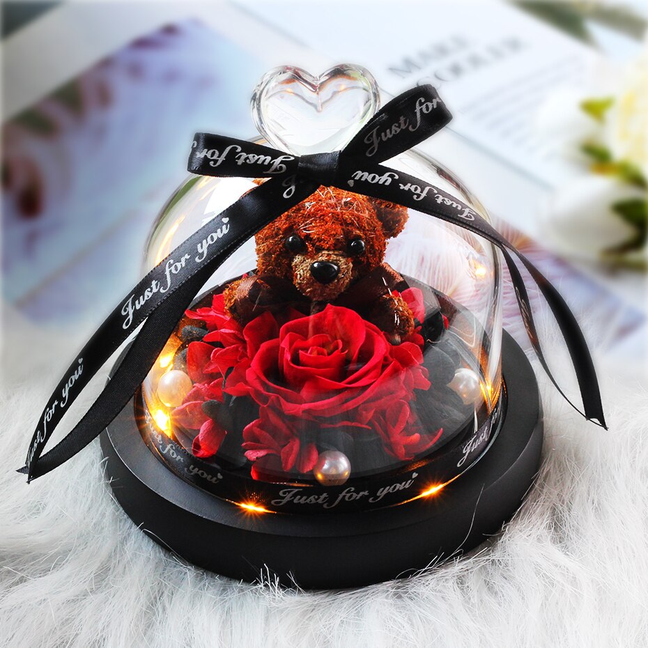 The Beautiful and the Beast Teddy Bear Rose Decor Natural Dried Flowers In Glass Dome LED Mother&#39;s Valentine&#39;s Day Wedding Gift - Executive-Skincare