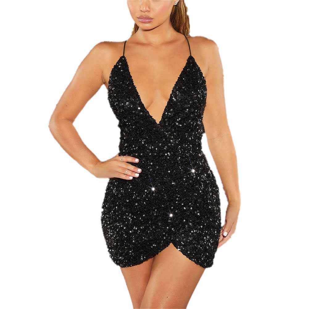 Women&#39;s Spaghetti Strap Deep V Neck Sequins Glitter Short Dress Sparkly Bodycon Evening Party Club Wear Dress - Executive-Skincare