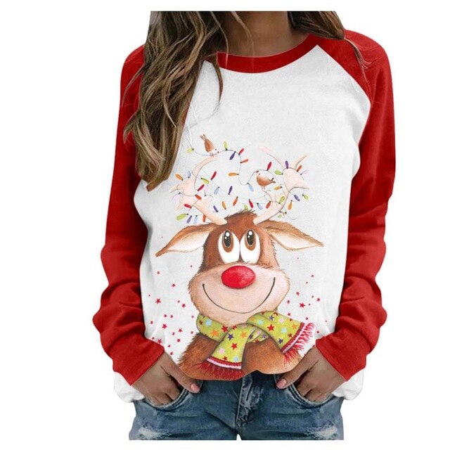 Funny Cute Elk Printing Long Sleeve Christmas Women T Shirt Harajuku S-2xl Cotton Woman Tshirts Graphic Aesthetic Shirt Female - Executive-Skincare