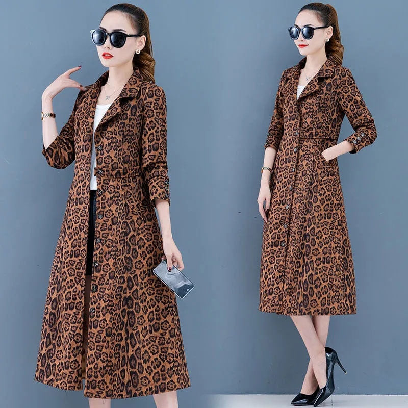 Mid-length Windbreaker Coat Women Spring Autumn Jacket New 2022 Fashion Leopard Lined Outerwear Female Casual Top Overcoat - Executive-Skincare