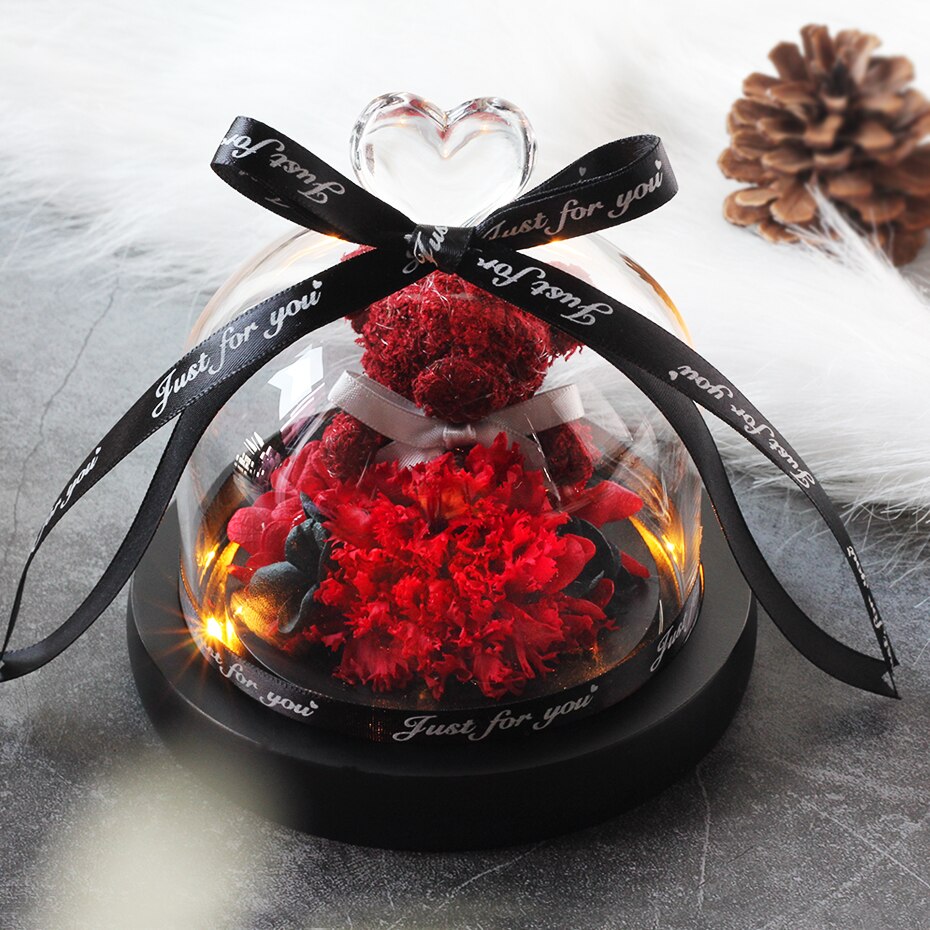 The Beautiful and the Beast Teddy Bear Rose Decor Natural Dried Flowers In Glass Dome LED Mother&#39;s Valentine&#39;s Day Wedding Gift - Executive-Skincare