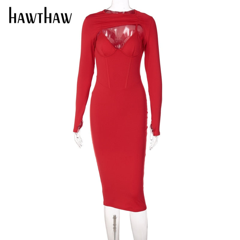 Hawthaw Hollow Out Corset Women Fashion Autumn Winter Long Sleeve Bodycon Party Club Red Pencil Sexy Midi Dress 2021 Clothes - Executive-Skincare