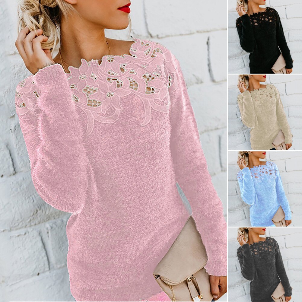 Oversize Winter Sweater Women Solid Color Long Sleeve O Neck Floral Lace Pullover Casual Elegant  Sweater - Executive-Skincare