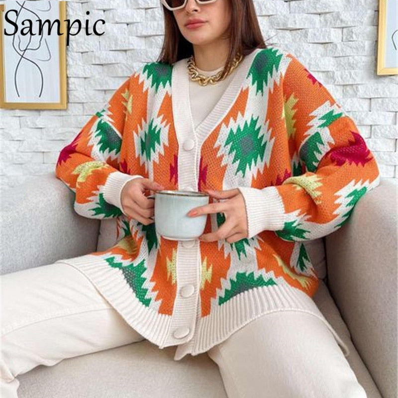 Sampic Loose Patchwork Knitwear Winter 2021 Women Cardigans Tops Oversized Long Sleeve Y2K V Neck Sweater Casual Fashion Tops - Executive-Skincare