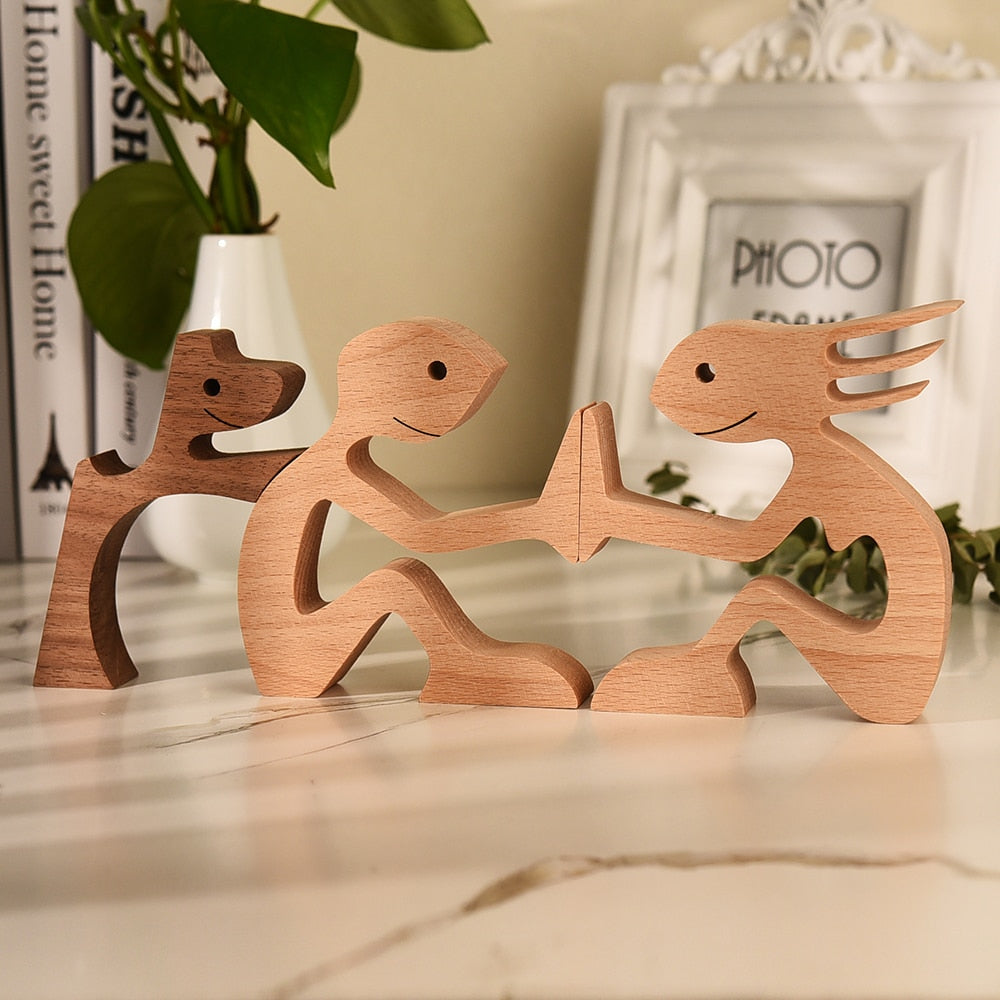 Family Puppy Wood Dog Craft Figurine Desktop Table Ornament Carving Model Home Office Decoration Pet Sculpture Christmas Gift - Executive-Skincare