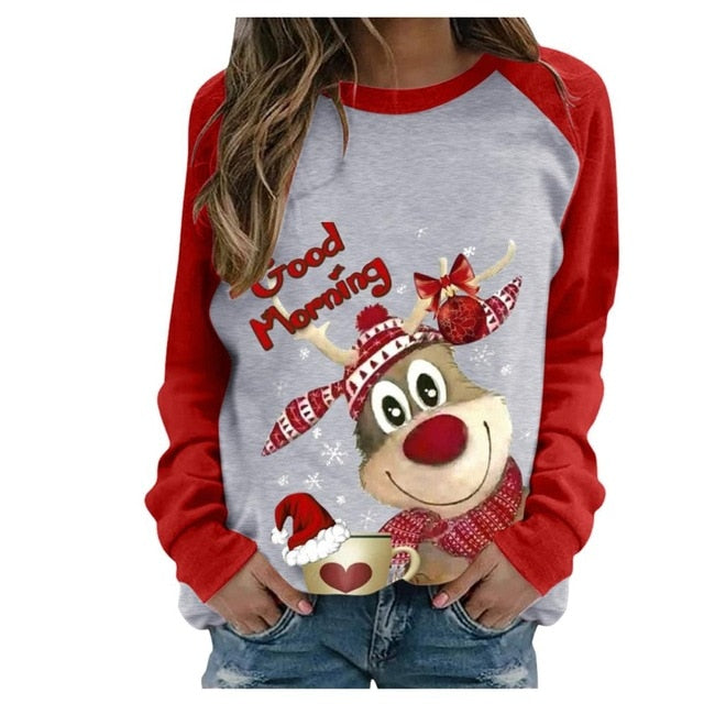 Funny Cute Elk Printing Long Sleeve Christmas Women T Shirt Harajuku S-2xl Cotton Woman Tshirts Graphic Aesthetic Shirt Female - Executive-Skincare