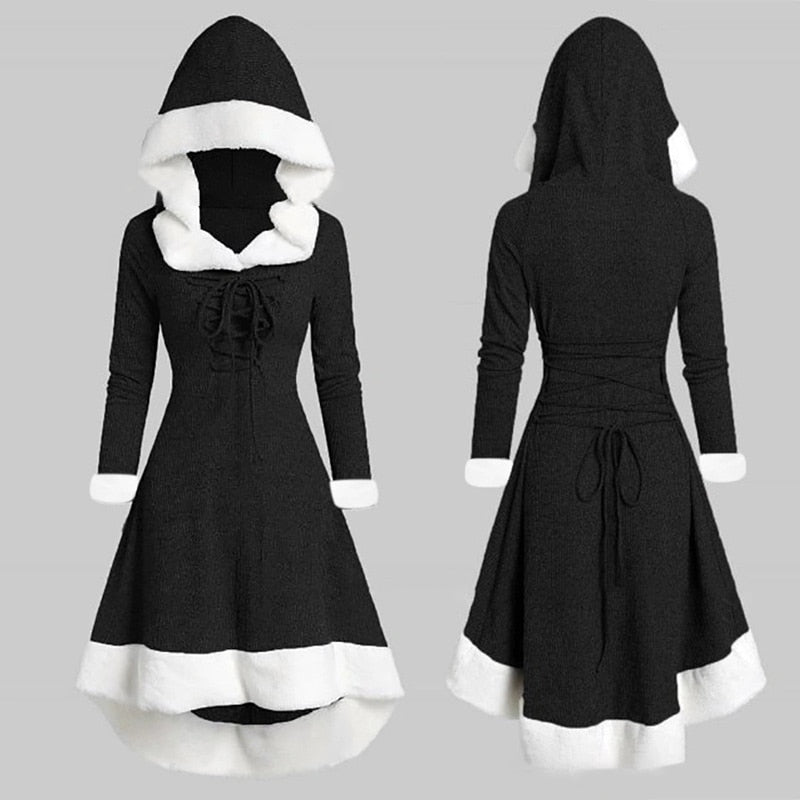 Women&#39;s Christmas Hood Lace Up Midi Dress Pullover with Irregular Hem and Long Sleeves XIN-Shipping - Executive-Skincare