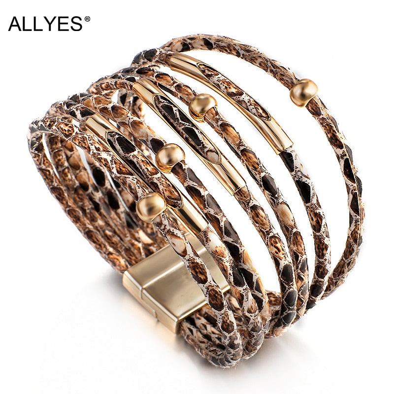 ALLYES Snake Pattern Leather Bracelets for Women 2022 Fashion Exaggerated Multilayer Wide Wrap Bracelets & Bangles Charm Jewelry - Executive-Skincare