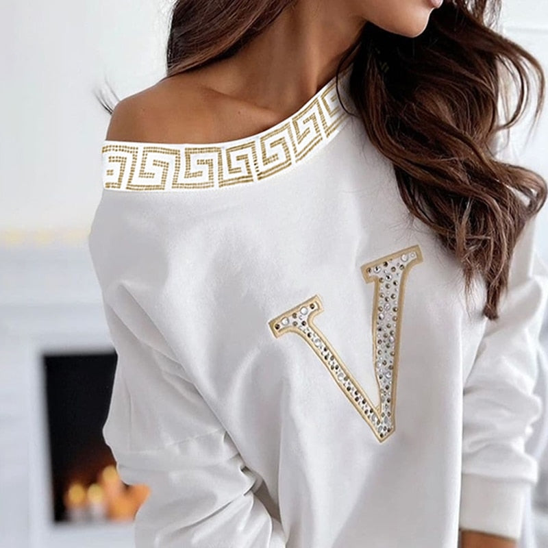 2022 Autumn Women Sexy White Round Neck Fashion T-shirts Daily Wear One Shoulder Rhinestone Letter Long Sleeve Casual Top - Executive-Skincare