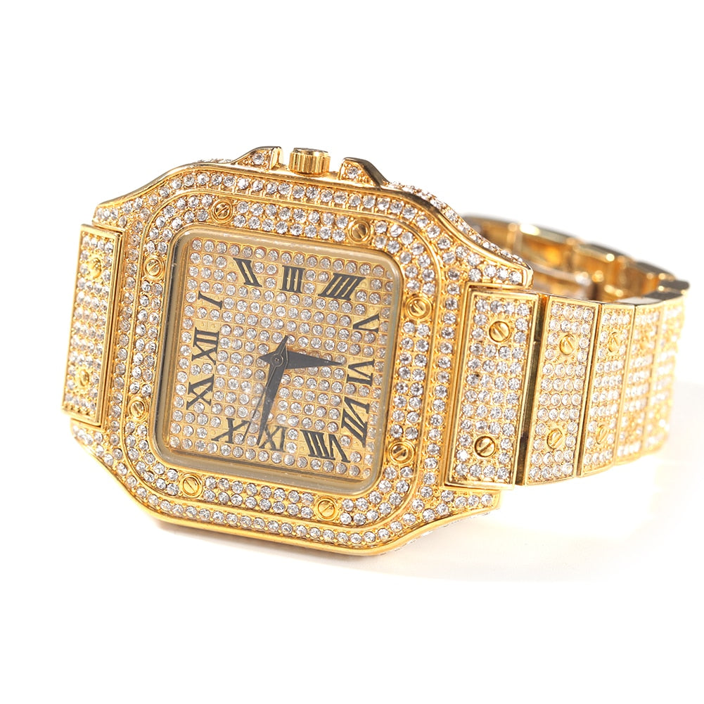 Hip Hop Full Iced Out Full Drill Men Square Watches Stainless Steel Fashion Luxury Rhinestones Quartz Square Business Watch - Executive-Skincare