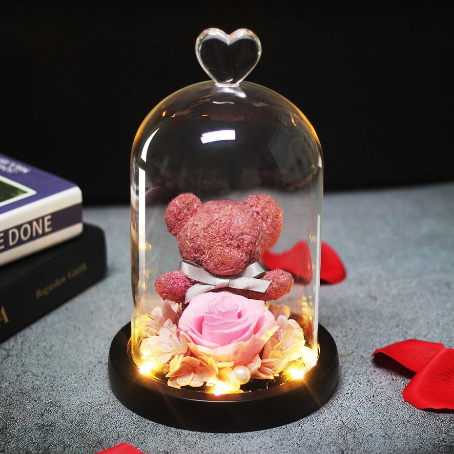 The Beautiful and the Beast Teddy Bear Rose Decor Natural Dried Flowers In Glass Dome LED Mother&#39;s Valentine&#39;s Day Wedding Gift - Executive-Skincare