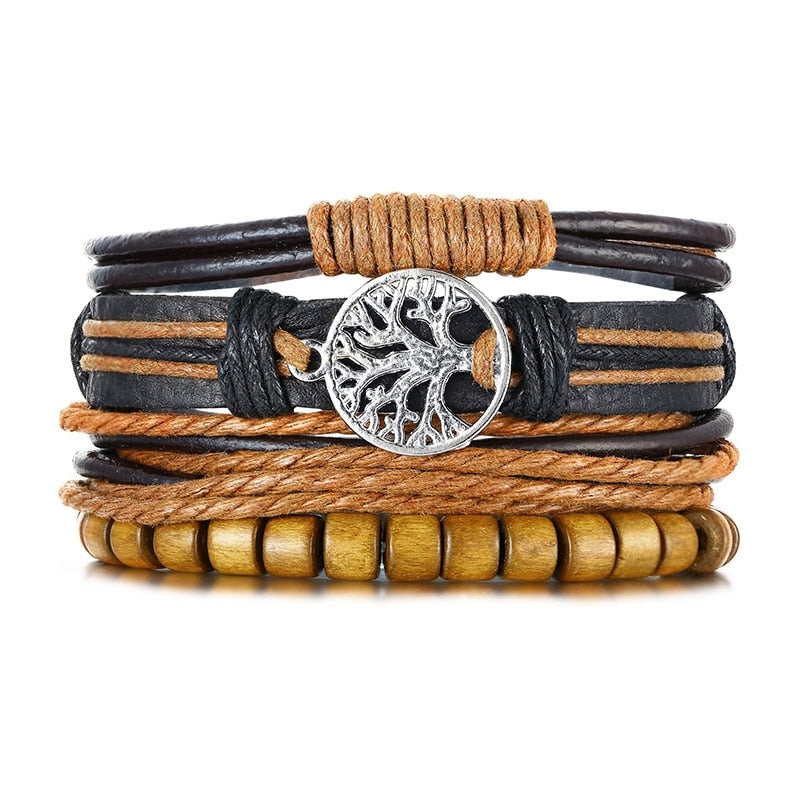 Vnox 4Pcs/ Set Braided Wrap Leather Bracelets for Men Vintage Life Tree Rudder Charm Wood Beads Ethnic Tribal Wristbands - Executive-Skincare