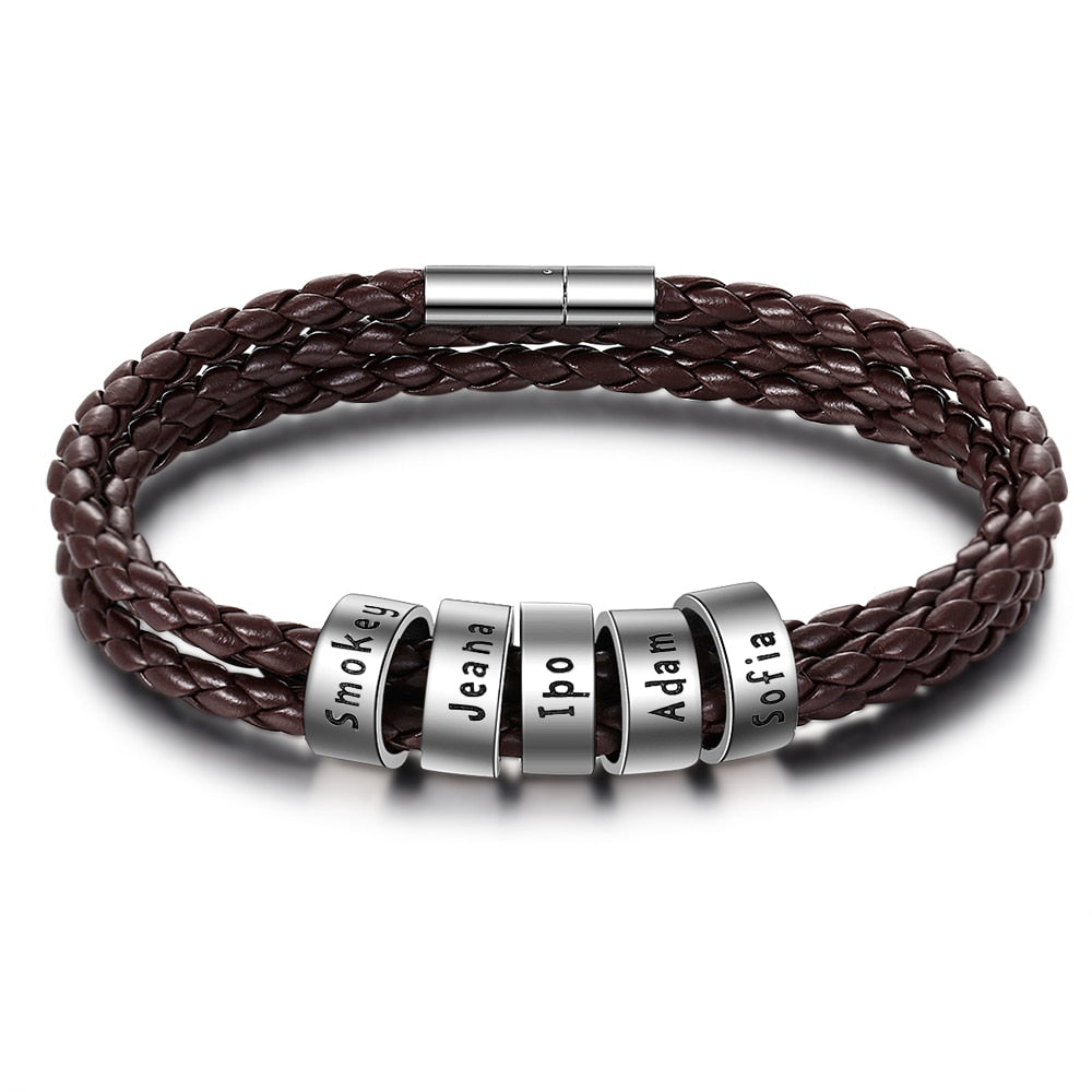 Customized 2-5 Names Beads Bracelets for Men Personalized Brown Braided Rope Leather Bracelet Male Jewelry Gift for Grandfather - Executive-Skincare