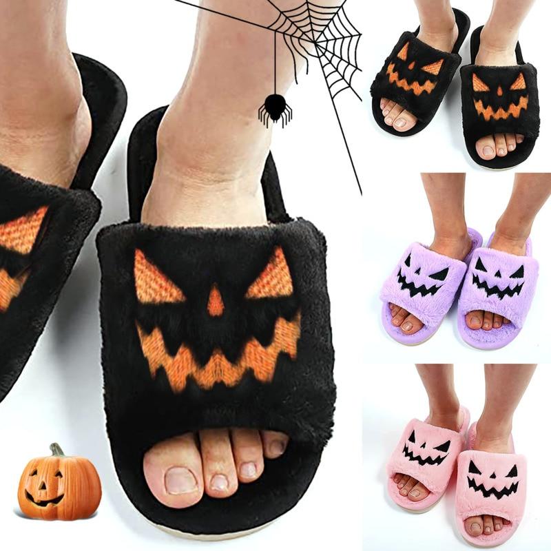 Halloween Pumpkin Fuzzy Slippers Soft Plush Cozy Open Toe Women Slides - Executive-Skincare