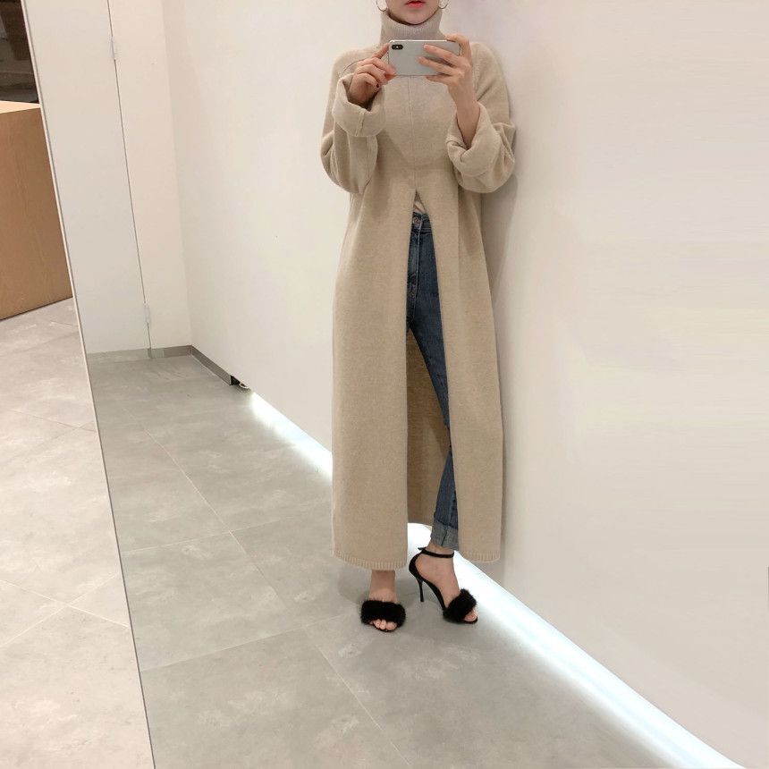 Turtleneck Long fall winter Sweater Dress Side split Female Pullover mujer sueteres - Executive-Skincare