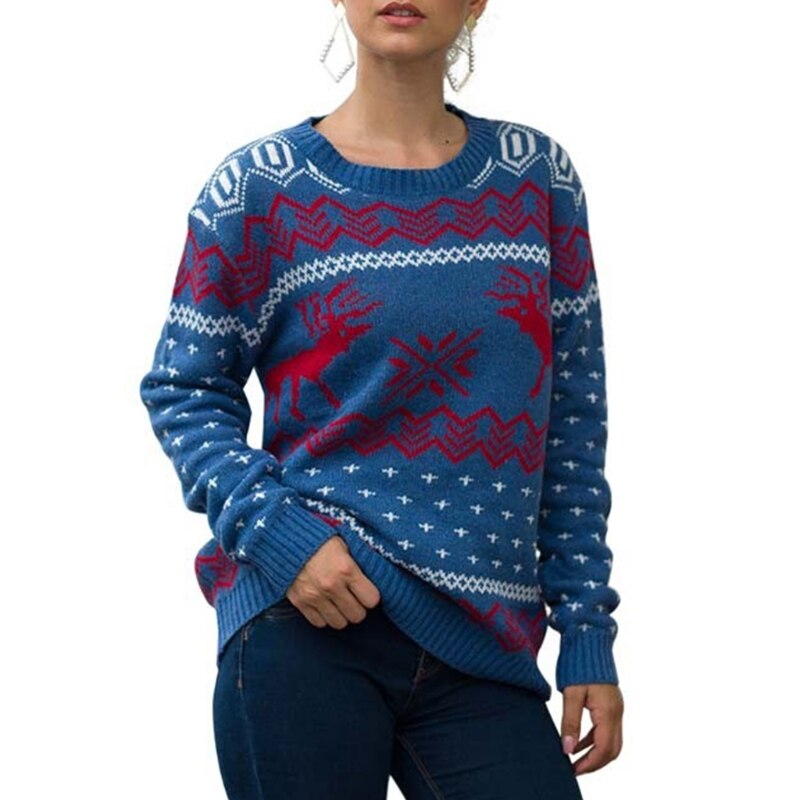 Christmas Printed Sweater Women Winter Long Sleeve O-Neck Sweater Reindeer Snowflake Jacquard Tops Knitted Loose Holiday Jumper - Executive-Skincare