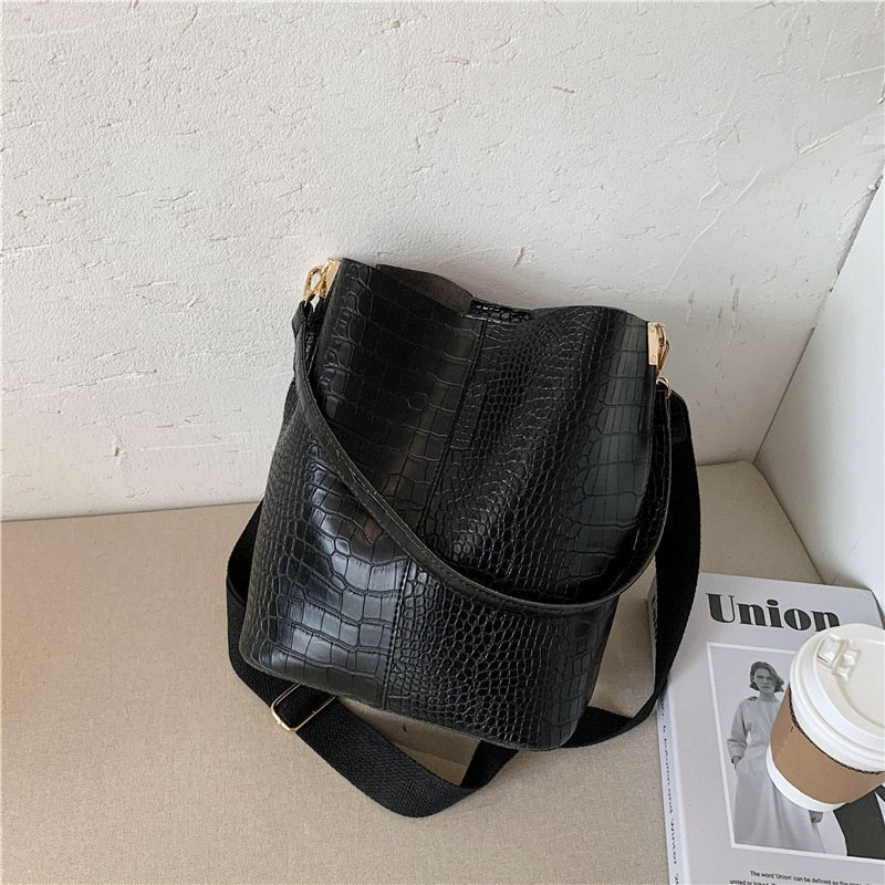 Vintage Crocodile Pattern Crossbody Bags For Women 2022 PU Leather Trend Designer Shoulder Handbags Large Capacity Bucket Bag - Executive-Skincare