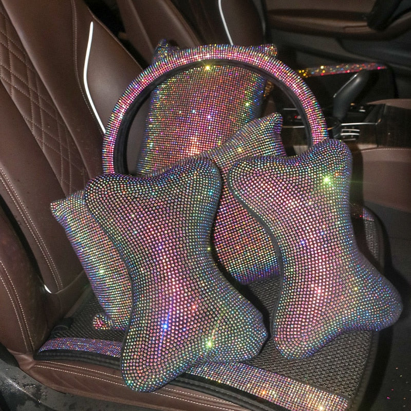 Car Bling Accessories for Woman Interior Set Styling Rhinestone Headrest Pillows Back Support Seat Cushion Pain Relief Sparkly - Executive-Skincare