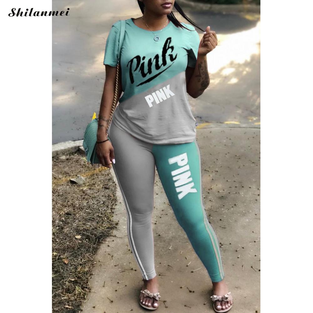 2022 New Tracksuit For Women Pink Letter Print Two Piece Sets Casual 2 PCS Outfits Short Sleeve T Shirt Pants Suits Matching Set - Executive Quality Store