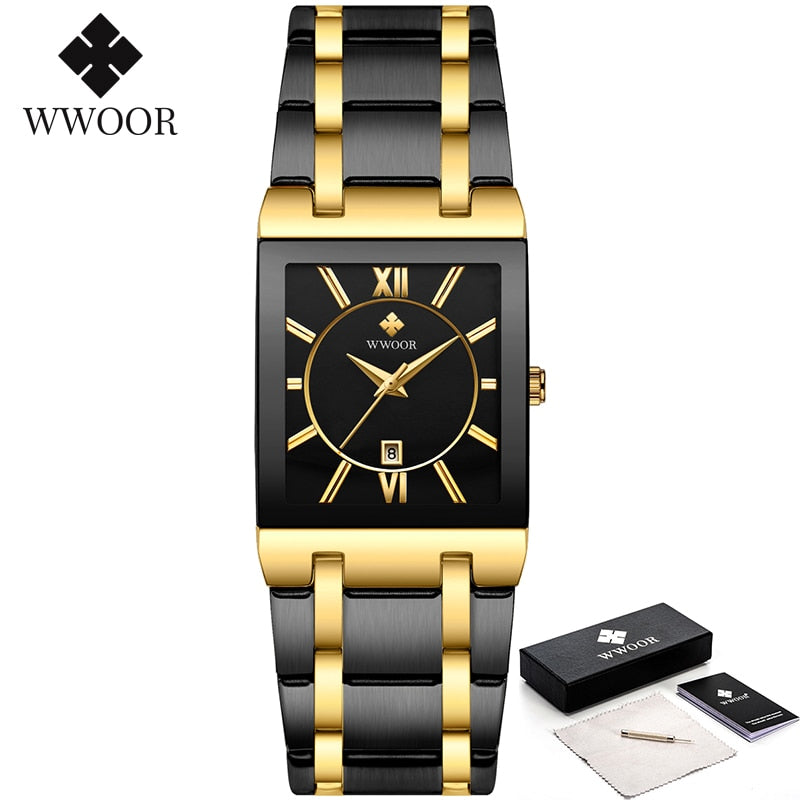 Relogio Masculino WWOOR Gold Watch Men Square Mens Watches Top Brand Luxury Golden Quartz Stainless Steel Waterproof Wrist Watch - Executive-Skincare