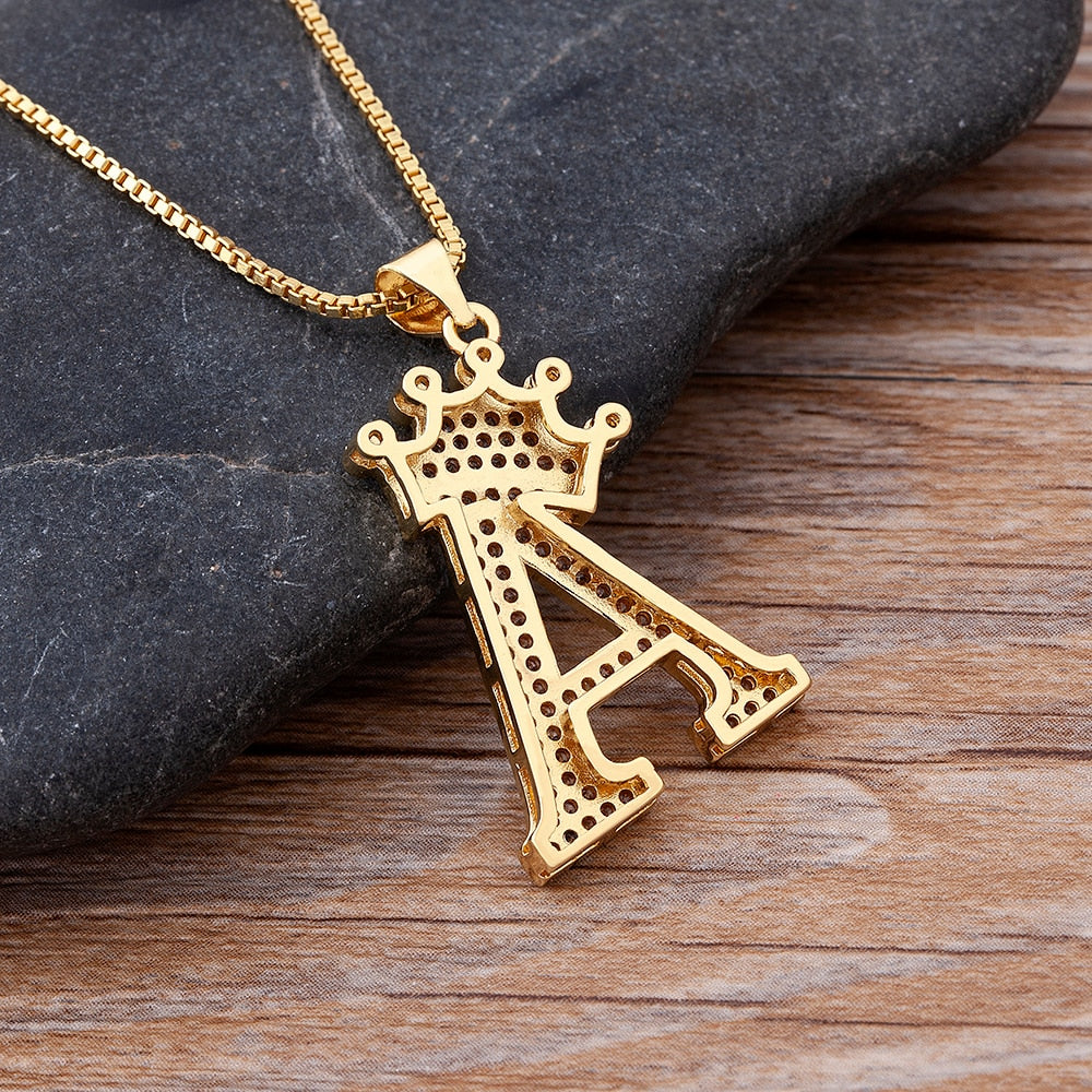 Nidin New Luxury Copper Zircon A-Z Crown Alphabet Pendant Chain Necklace Hip-Hop Style Fashion Woman Man Initial Name Jewelry - Executive-Skincare