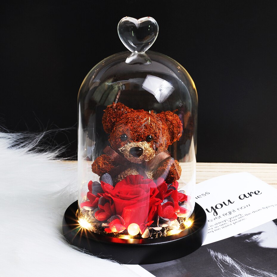 The Beautiful and the Beast Teddy Bear Rose Decor Natural Dried Flowers In Glass Dome LED Mother&#39;s Valentine&#39;s Day Wedding Gift - Executive-Skincare