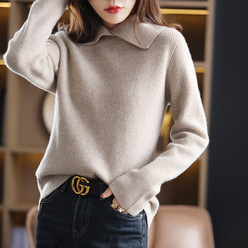 New Brand Autumn and Winter Women Cashmere Sweater 100% Pure Wool Polo Collar Pullover Slim Warm Knit Bottoming Coat Ladies - Executive-Skincare