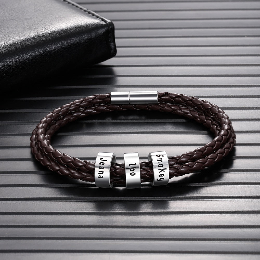 Customized 2-5 Names Beads Bracelets for Men Personalized Brown Braided Rope Leather Bracelet Male Jewelry Gift for Grandfather - Executive-Skincare