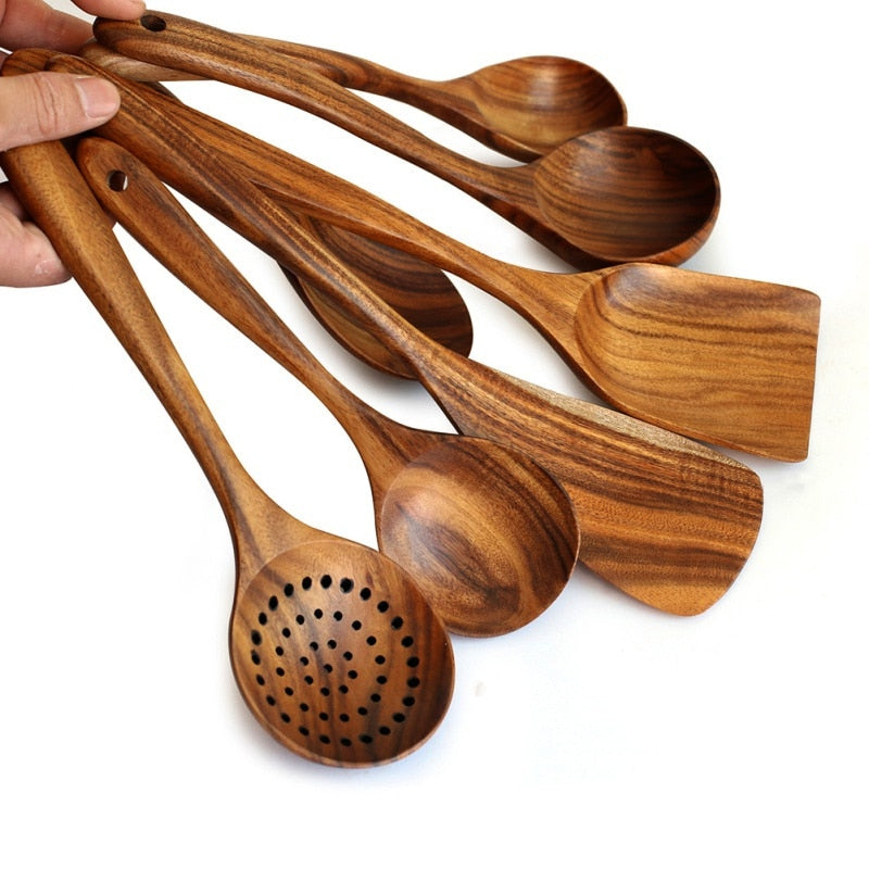 7pcs/set Teak Natural Wood Tableware Spoon Ladle Turner Rice Colander Soup Skimmer Cooking Spoon Scoop Kitchen Reusable Tool Kit - Executive-Skincare