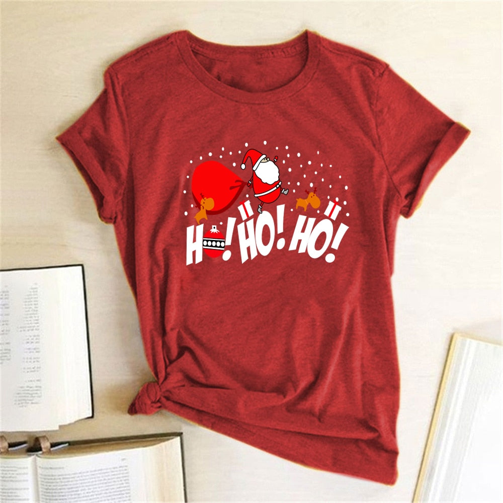 HO HO HO Print Funny Santa T Shirt Women Short-sleeved Tee Shirt Female Merry Christmas New Year Gift To Ladies Tops Clothes - Executive-Skincare