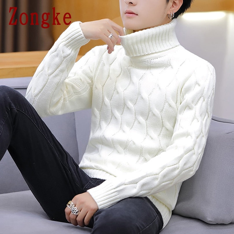 Zongke White Turtleneck Men Clothes Winter Sweater Men Coats Solid Striped Pullover Mens Turtleneck M-2XL 2022 Autumn New - Executive-Skincare