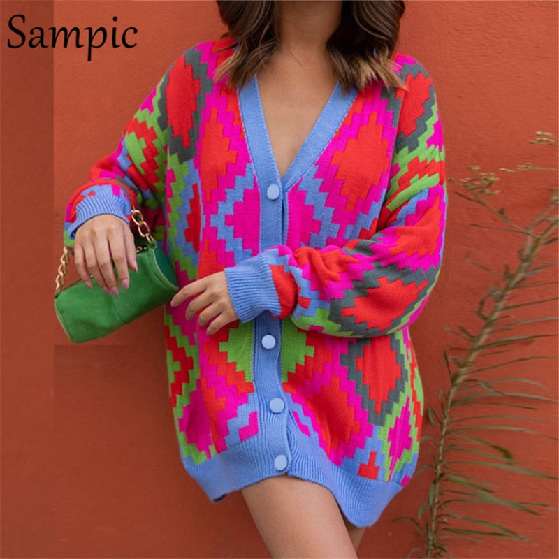 Sampic Loose Patchwork Knitwear Winter 2021 Women Cardigans Tops Oversized Long Sleeve Y2K V Neck Sweater Casual Fashion Tops - Executive-Skincare