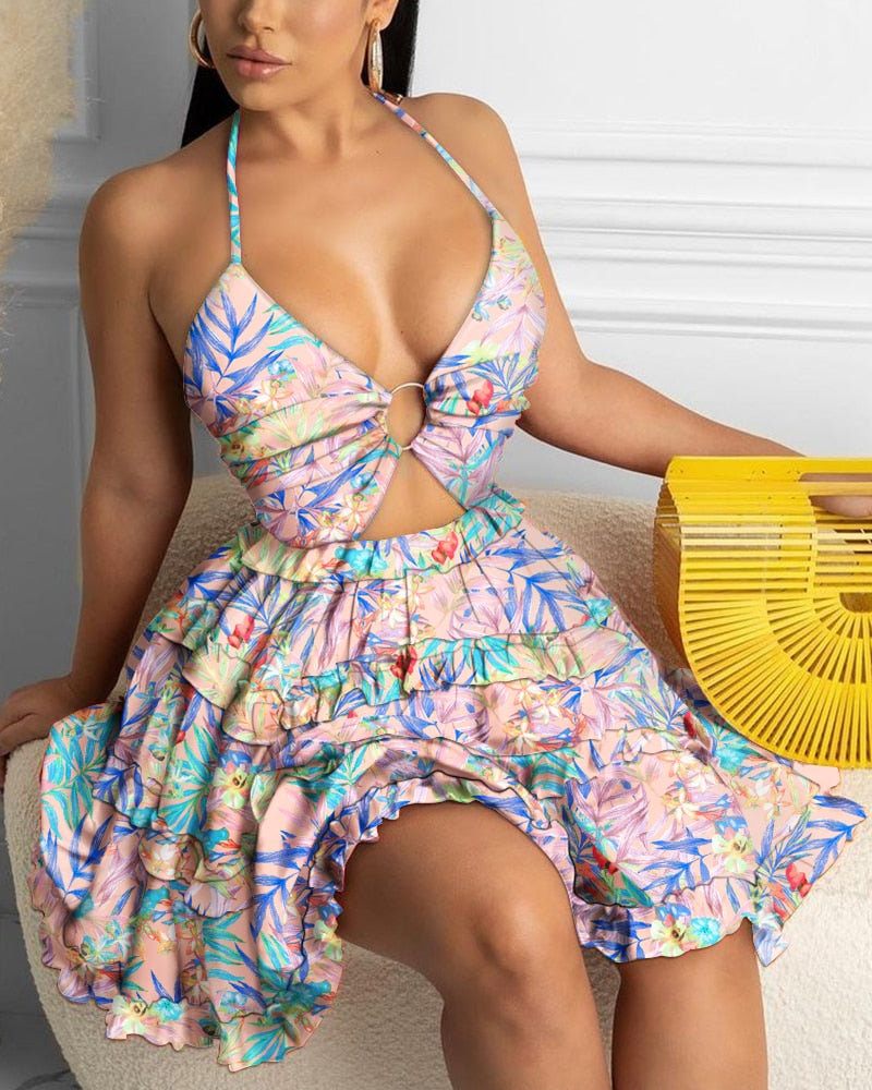 Fashion Women Sexy Backless Halter Geo Print Mini Dress Beach Dresses O-ring Cut-out Backless Frill Hem Summer Short Dresses - Executive-Skincare