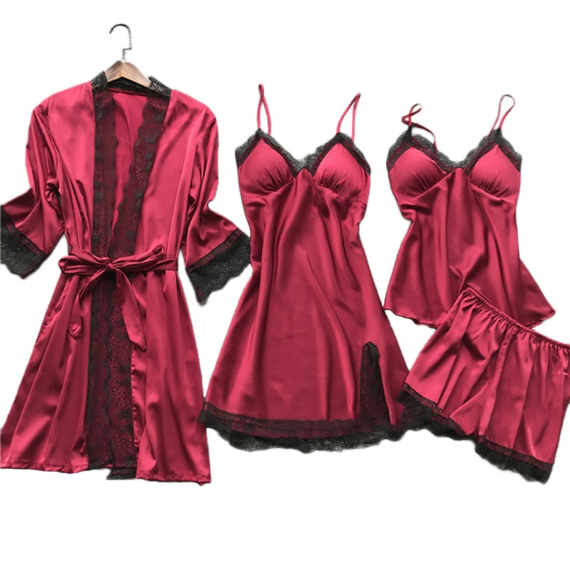 5pcs Silk Robe Set Women Lace Pajamas Gown Set V-Neck Nighties Wear Home Nightwear Pijama Sleepsuit Spring Nightdress