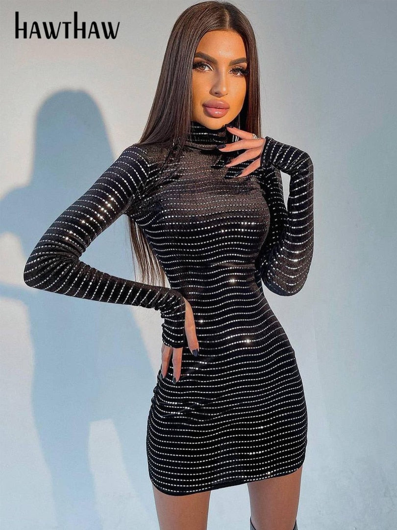 Hawthaw Women Fashion Autumn Winter Long Sleeve Bodycon Party Club Black Sequin Mini Dress 2021 Wholesale Items For Business - Executive-Skincare