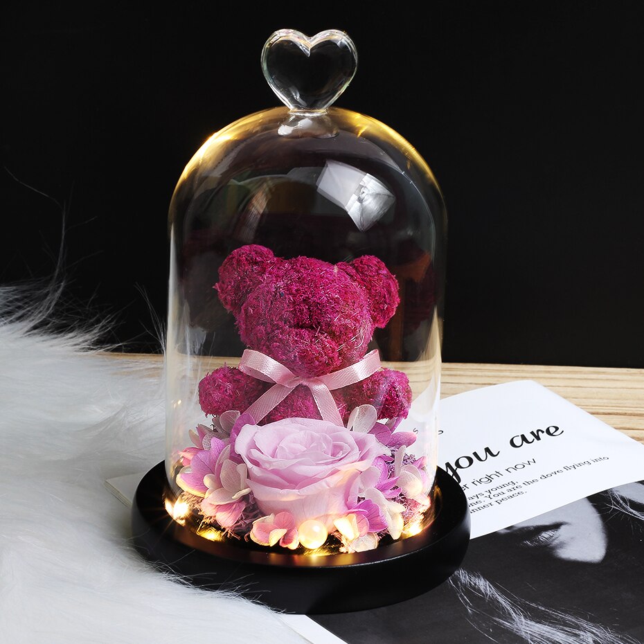 The Beautiful and the Beast Teddy Bear Rose Decor Natural Dried Flowers In Glass Dome LED Mother&#39;s Valentine&#39;s Day Wedding Gift - Executive-Skincare