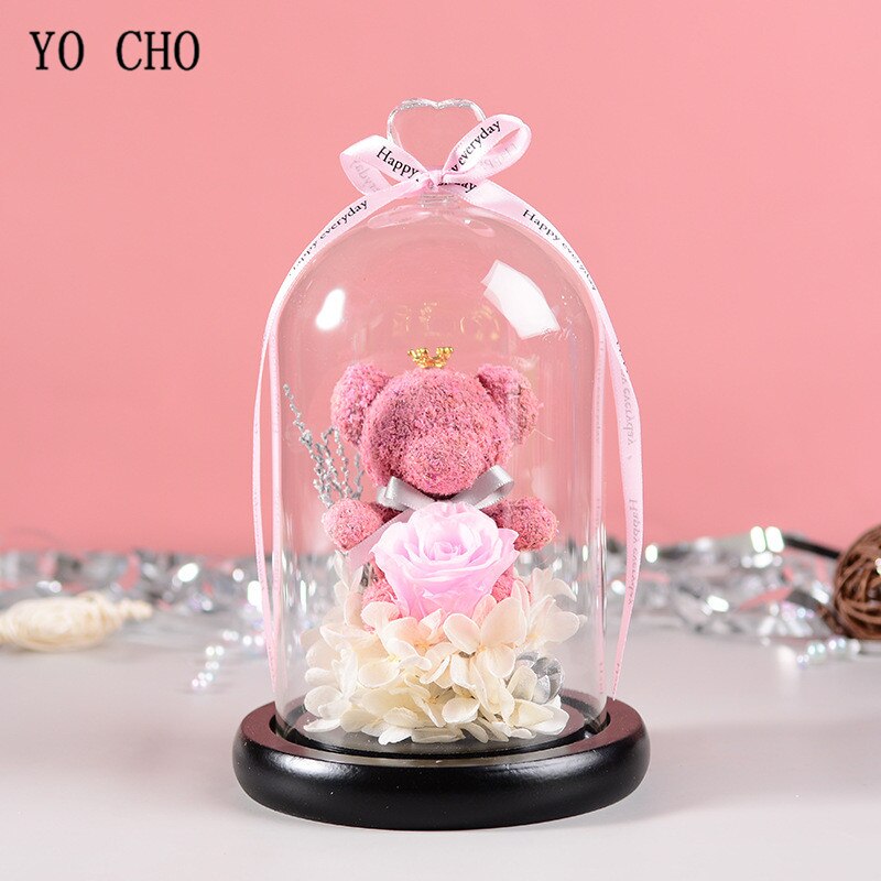 YO CHO Eternal Real Rose Moss Teddy Bear in Glass Dome Valentines Gift LED Light Immortal Rose Preserved Flower Birthday Gift - Executive-Skincare