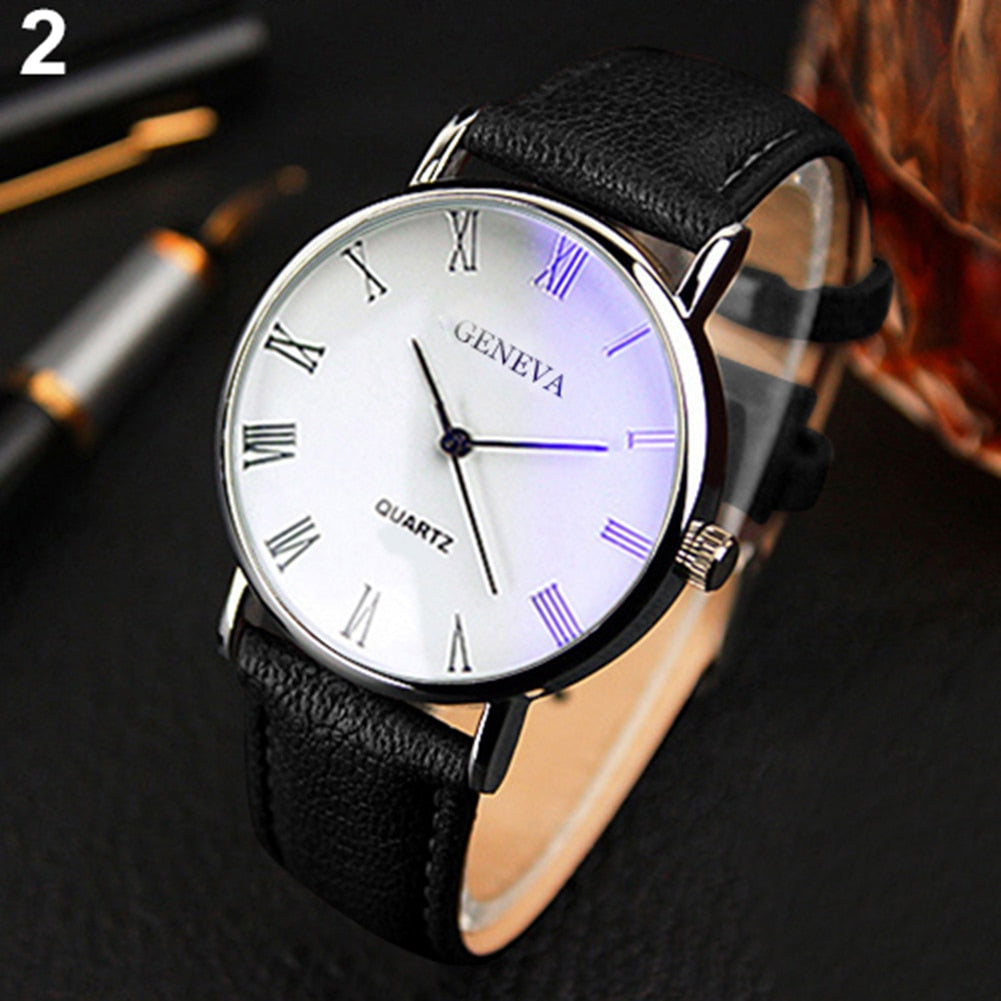 Men Watch Roman Numerals Blu-Ray Faux Leather Band Quartz Analog Business Wrist Watch - Executive-Skincare