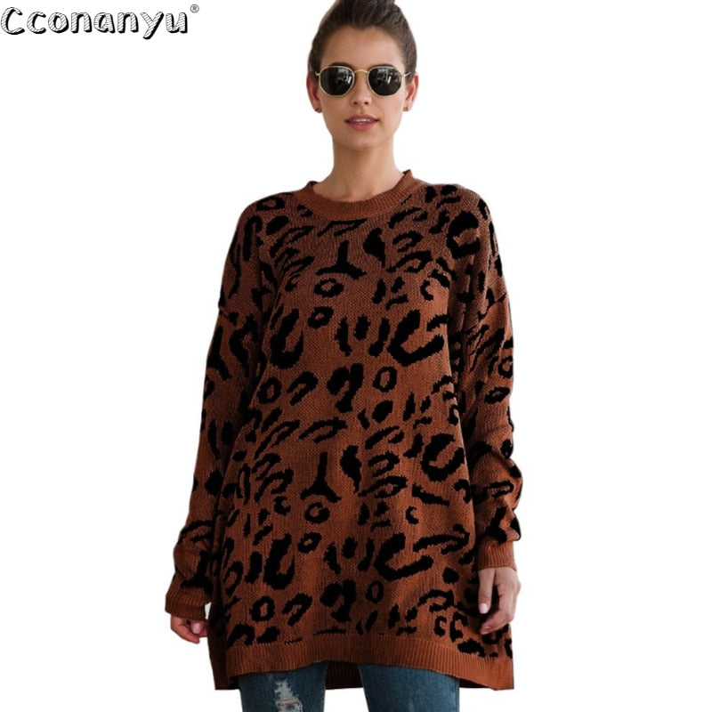 2019 Autumn winter clothing ladies long sweater fashion womens loose pullovers and sweaters leopard print knitted sweater - Executive-Skincare