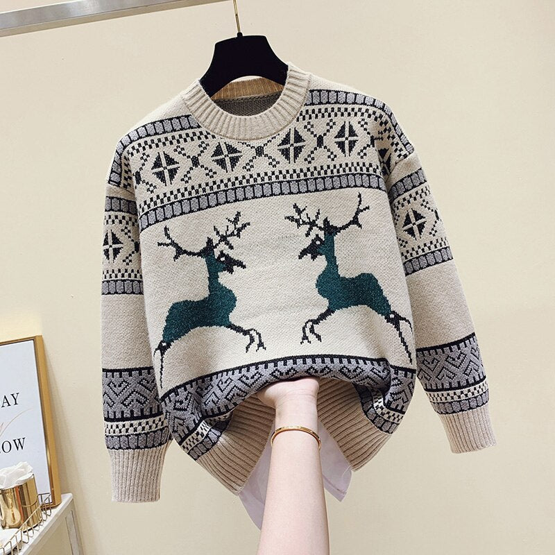 Vintage Jacquard Christmas Sweater Women Pullover Autumn O Neck Long Sleeve Loose Reindeer Print Knitted Jumpers Female Tops - Executive-Skincare